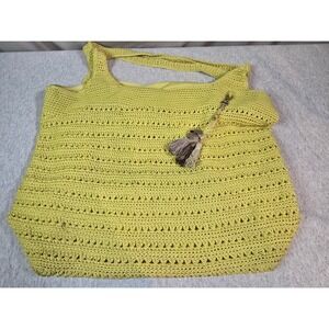 The SAK Yellow Crochet Shoulder Tote Hand Bag Long Handles Zip Pocket Magnetic